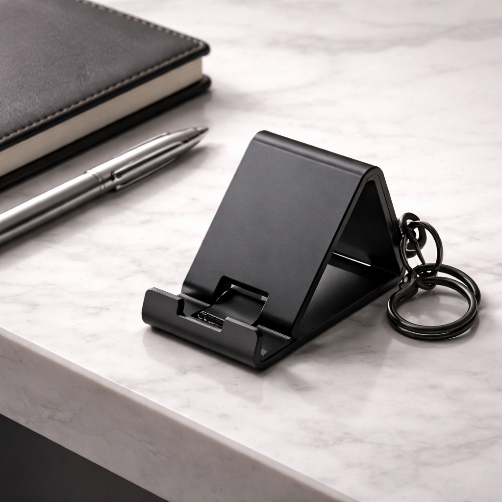 Black phone stand with keychain on a marble surface with notebook and pen.